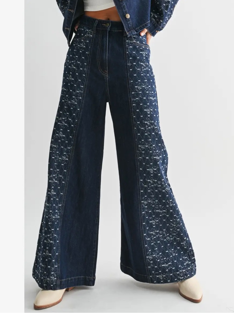 A294a Wide Leg Dark Blue Patterned Womens Jeans